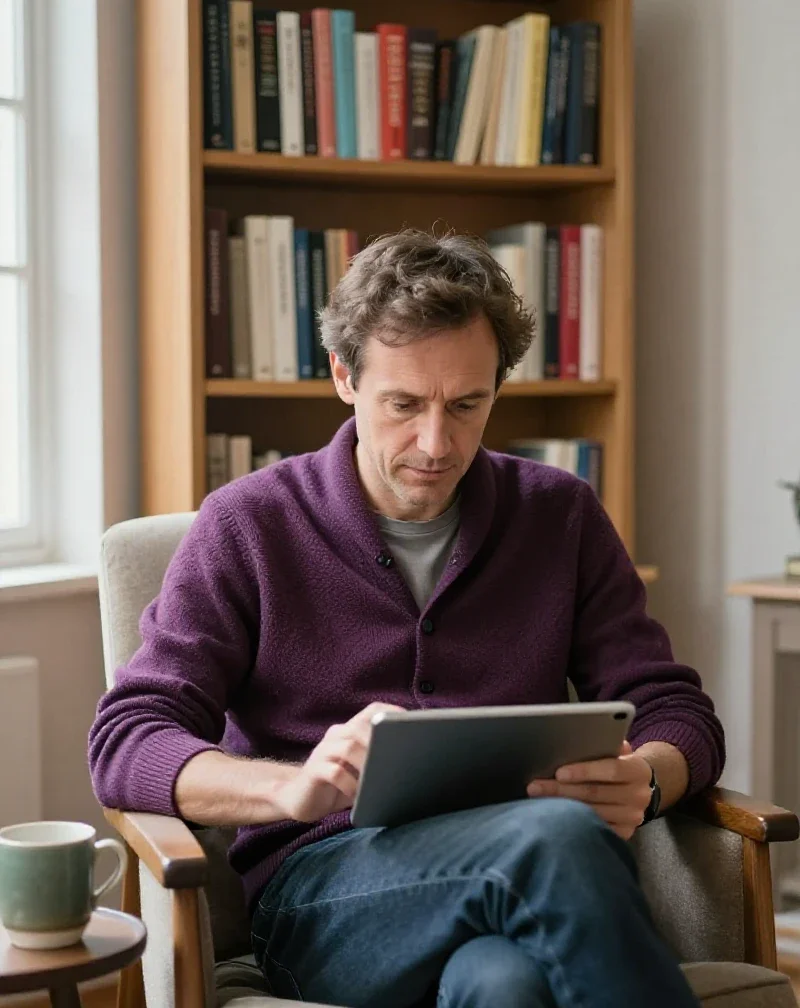 Un homme curieux lit un article varié pour enrichir sa culture générale.